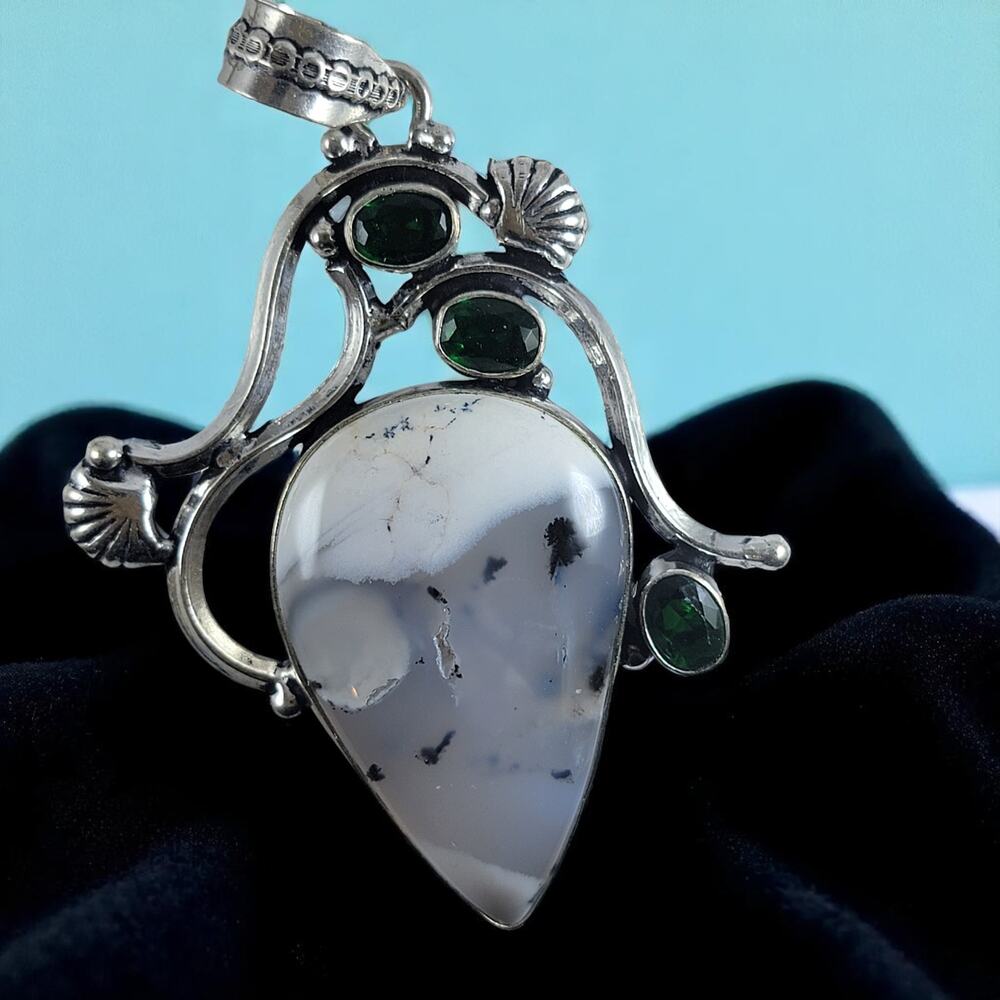 Dendritic Agate Pendant 925 Silver with Green Stones & 20" Chain Necklace